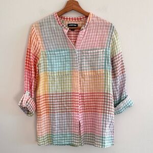 Land’s End linen longline button down long sleeve pastel gingham shirt small